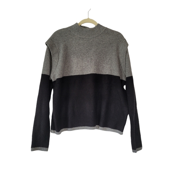 HALOGEN Black & Grey Color Block High Neck Unique Shoulder Long Sleeve Sweater - Picture 2 of 9